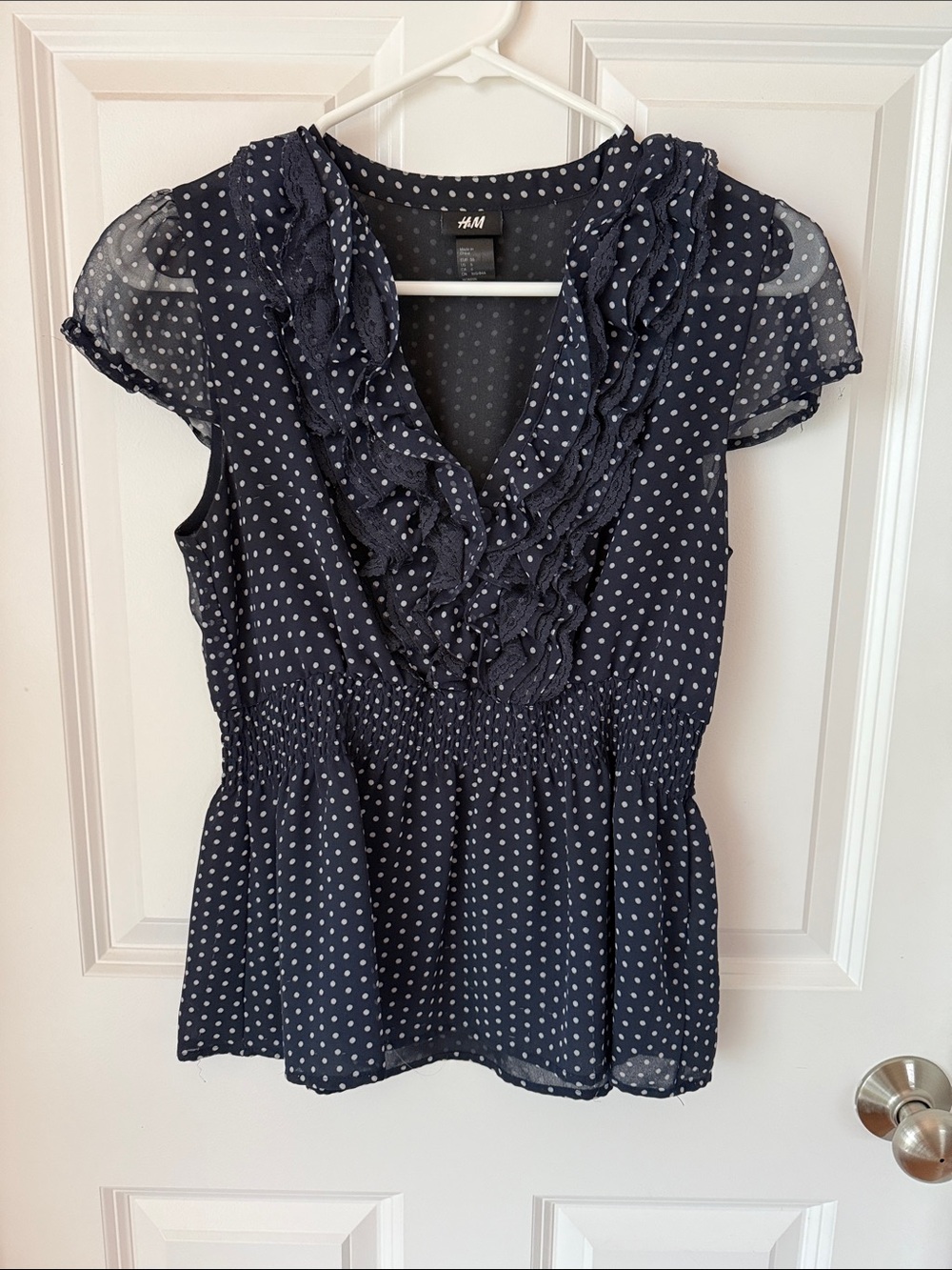 H&M Navy and White Polka Dot Ruffle V-Neck Blouse